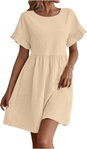 Oplxuo Women's Ruffle Sleeve Round Neck Mini Dress High Waist Solid Color Casual Loose Summer Beach Dresses
