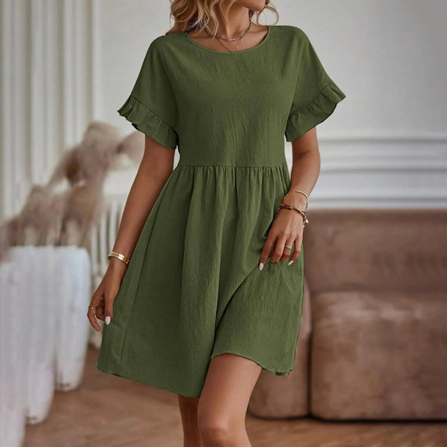 Oplxuo Women's Ruffle Sleeve Round Neck Mini Dress High Waist Solid Color Casual Loose Summer Beach Dresses