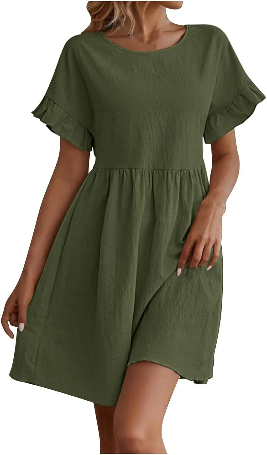 Oplxuo Women's Ruffle Sleeve Round Neck Mini Dress High Waist Solid Color Casual Loose Summer Beach Dresses