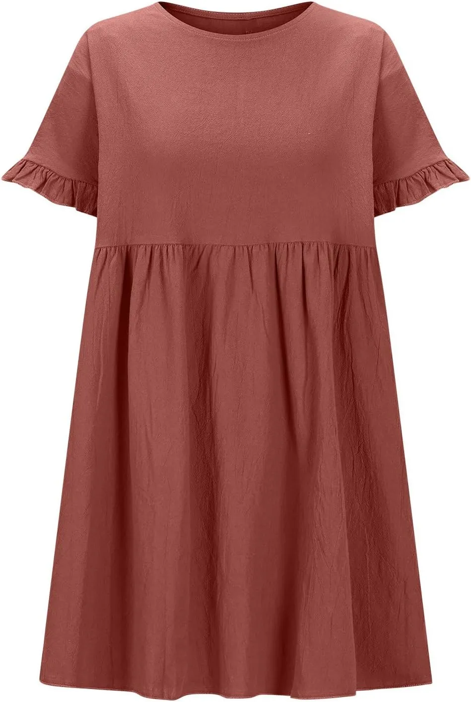 Oplxuo Women's Ruffle Sleeve Round Neck Mini Dress High Waist Solid Color Casual Loose Summer Beach Dresses