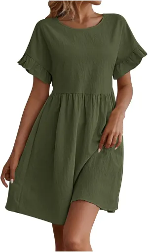 Oplxuo Women's Ruffle Sleeve Round Neck Mini Dress High Waist Solid Color Casual Loose Summer Beach Dresses