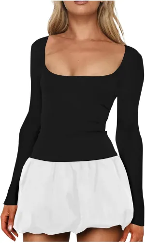 Oplxuo Women's Sexy Bubble Mini Dress Low Cut Square Neck Long Sleeve A-Line Ruffle Color Block Short Going Out Party Dresses