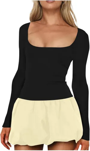 Oplxuo Women's Sexy Bubble Mini Dress Low Cut Square Neck Long Sleeve A-Line Ruffle Color Block Short Going Out Party Dresses