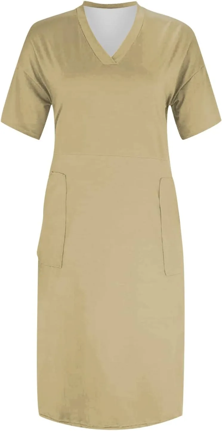 Plus Size Dresses for Curvy Women-2025 Summer Super Loose Fit Short Sleeve V-Neck Midi Casual Dresses with Pockets
