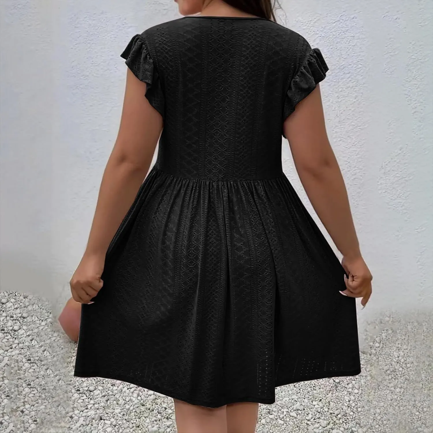 Plus Size Dresses for Women Summer Ruffle Cap Sleeve Cross V Neck Embroidered Eyelet Pleated A Line Knee Length Dress