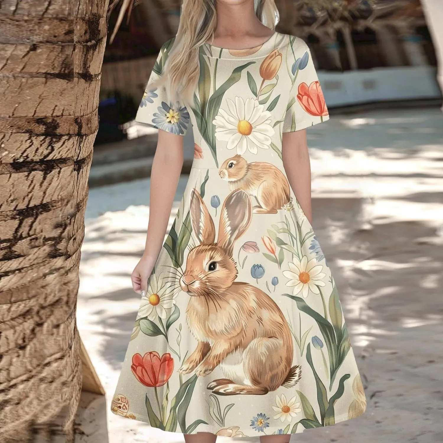 Plus Size Easter Dresses for Women Cute Egg Bunny Dress Short Sleeve Crewneck V-Back Midi Dresses Retro 1950s Dress