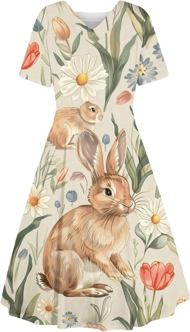 Plus Size Easter Dresses for Women Cute Egg Bunny Dress Short Sleeve Crewneck V-Back Midi Dresses Retro 1950s Dress