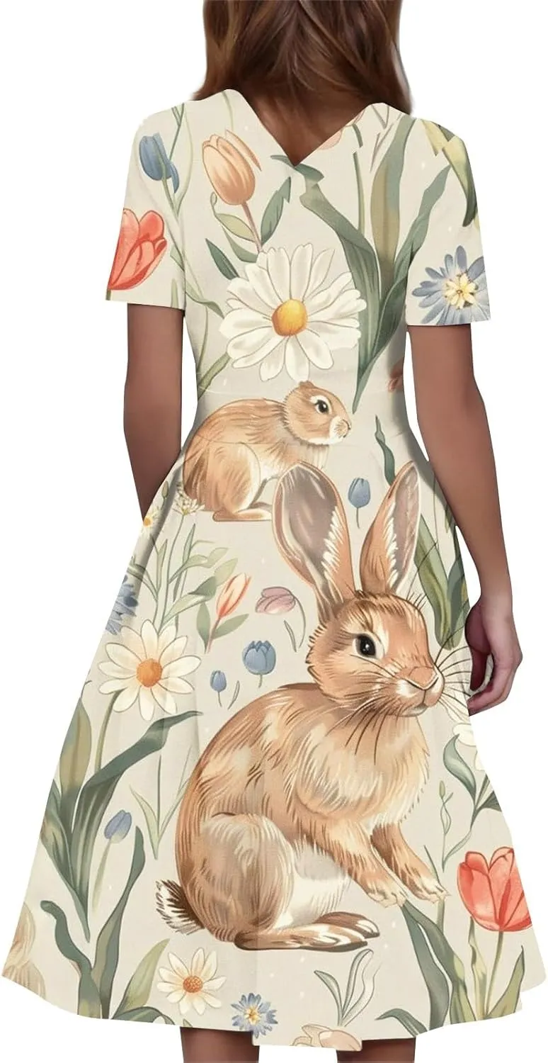 Plus Size Easter Dresses for Women Cute Egg Bunny Dress Short Sleeve Crewneck V-Back Midi Dresses Retro 1950s Dress