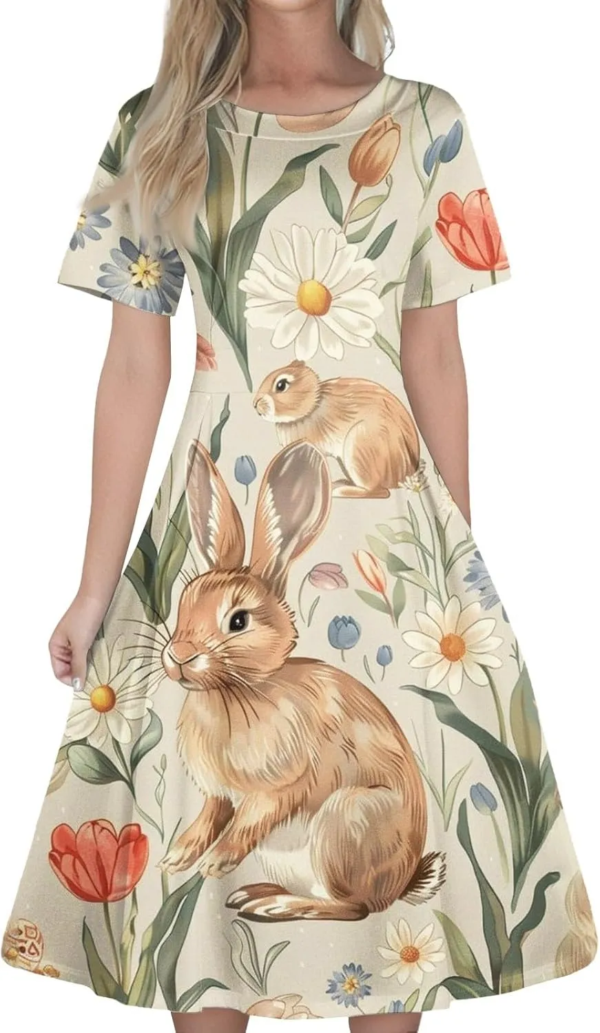 Plus Size Easter Dresses for Women Cute Egg Bunny Dress Short Sleeve Crewneck V-Back Midi Dresses Retro 1950s Dress