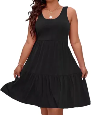 Plus Size Summer Dresses,Sleeveless Midi A Line Tiered Dress for Beach Vacation