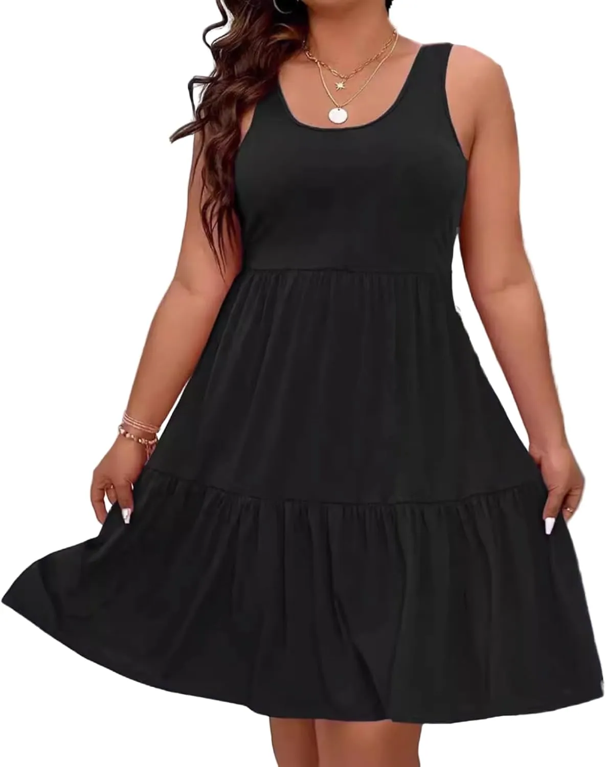 Plus Size Summer Dresses,Sleeveless Midi A Line Tiered Dress for Beach Vacation