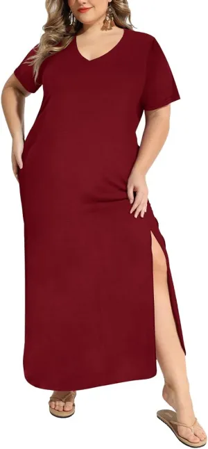 RITERA Plus Size Dresses for Women V Neck Casual Loose Pocket Short Sleeve Slits Maxi T Shirt Dress Summer Sundress XL-5XL