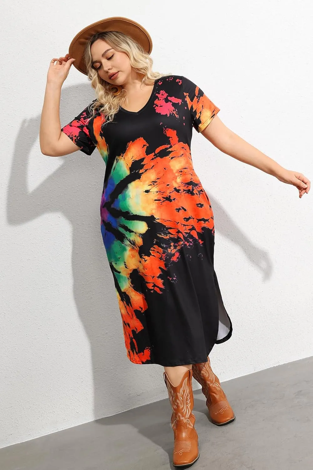RITERA Plus Size Dresses for Women V Neck Casual Loose Pocket Short Sleeve Slits Maxi T Shirt Dress Summer Sundress XL-5XL