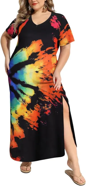 RITERA Plus Size Dresses for Women V Neck Casual Loose Pocket Short Sleeve Slits Maxi T Shirt Dress Summer Sundress XL-5XL