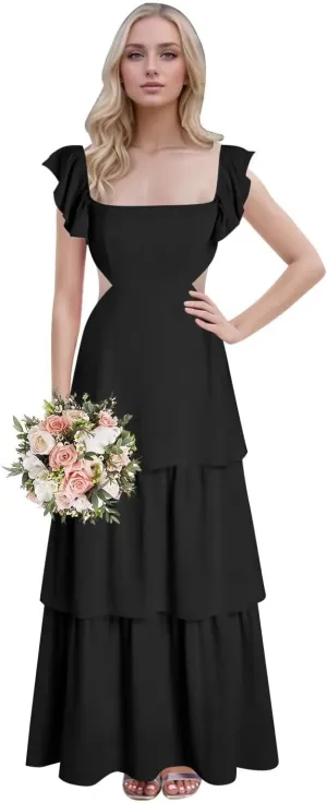 Ruffle Bridesmaid Dresses for Women Long Chiffon Square Neck Tiered Formal Dress for Wedding Guest