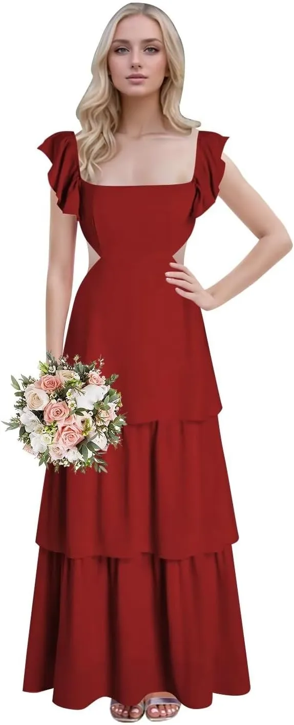 Ruffle Bridesmaid Dresses for Women Long Chiffon Square Neck Tiered Formal Dress for Wedding Guest