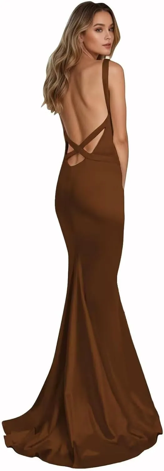 Satin Bridesmaid Dresses Backless Mermaid Prom Formal Evening Gowns Long Spaghetti Straps Cocktail Party Dress