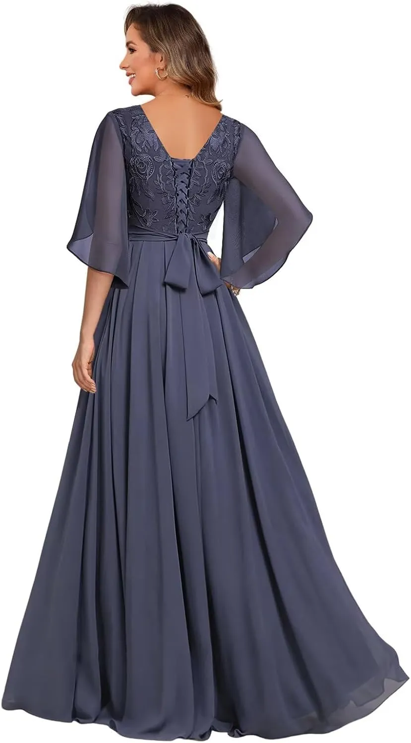 SEIM Flutter Sleeve Mother of The Bride Dresses with Bow Lace Appliques Long Chiffon Formal Dress for Wedding SE991