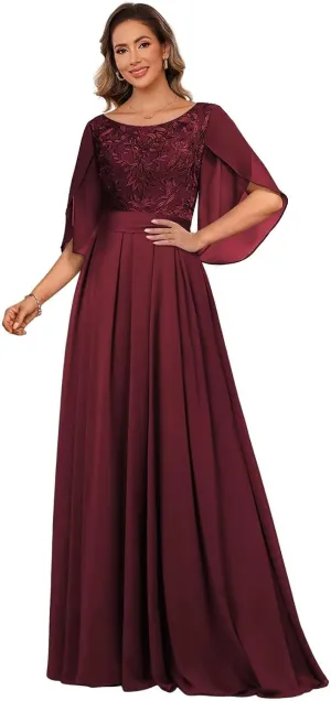 SEIM Flutter Sleeve Mother of The Bride Dresses with Bow Lace Appliques Long Chiffon Formal Dress for Wedding SE991