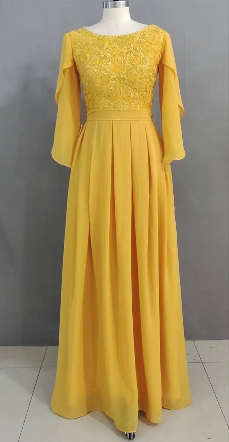SEIM Flutter Sleeve Mother of The Bride Dresses with Bow Lace Appliques Long Chiffon Formal Dress for Wedding SE991