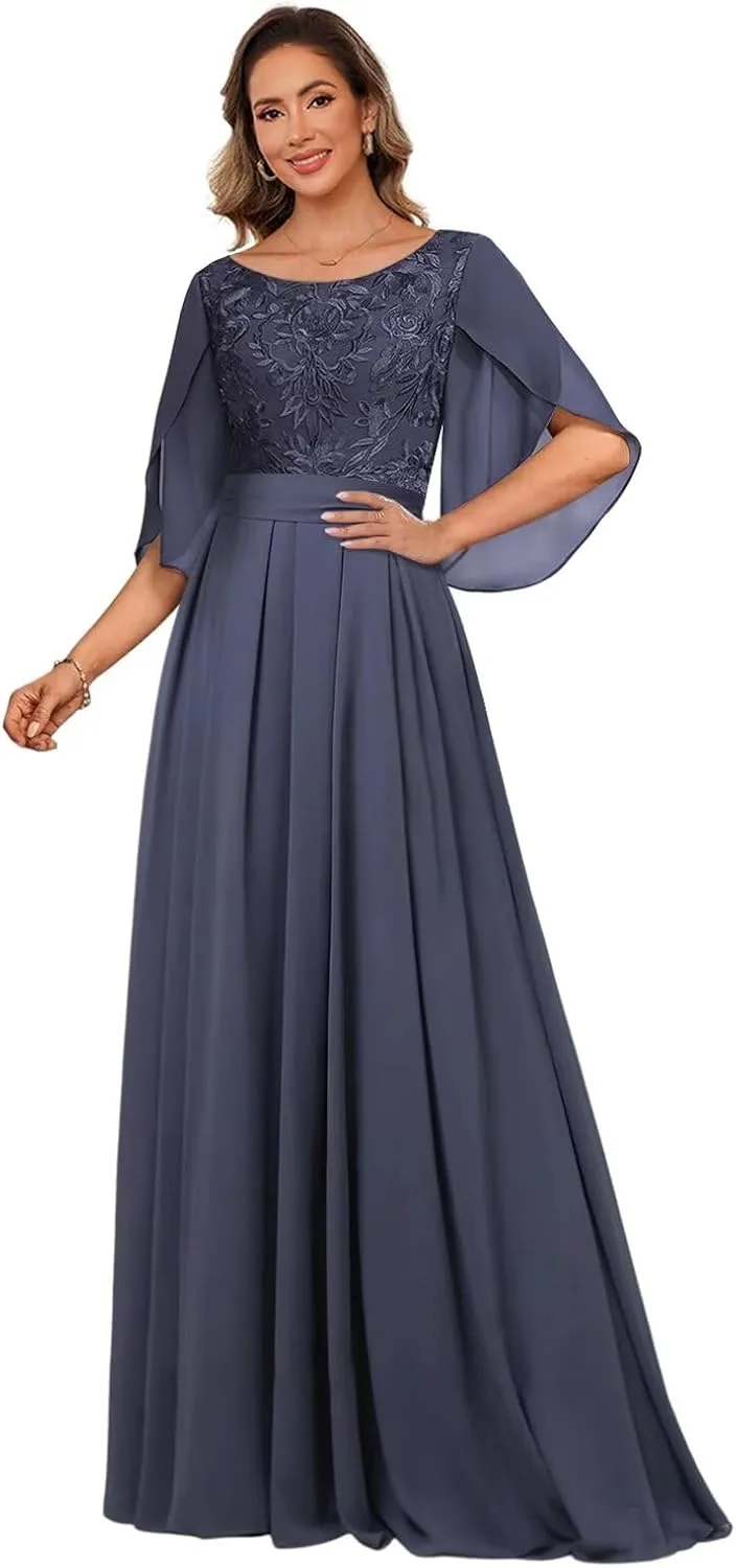 SEIM Flutter Sleeve Mother of The Bride Dresses with Bow Lace Appliques Long Chiffon Formal Dress for Wedding SE991