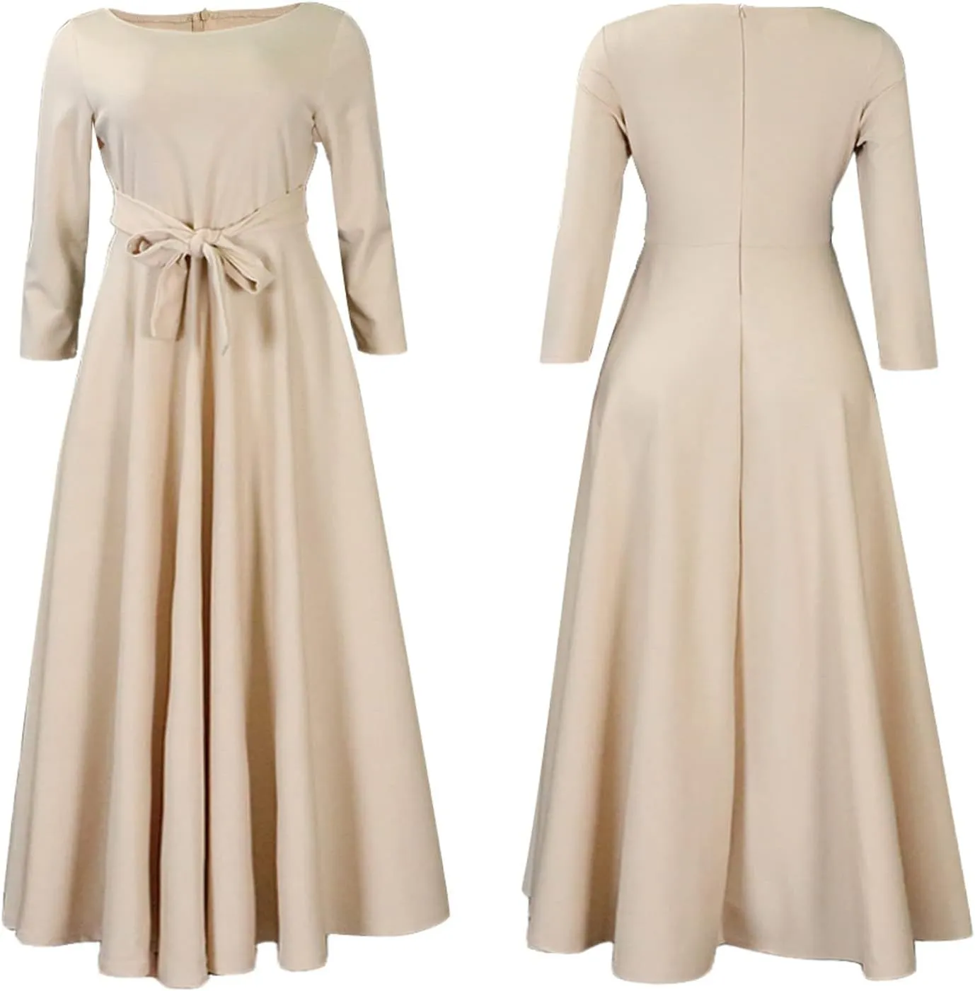 SEMATOMALA Women's A Line Self Tie Waist Maxi Dress Round Neck 3/4 Sleeve High Waist Plus Size Swing Flare Long Dresses