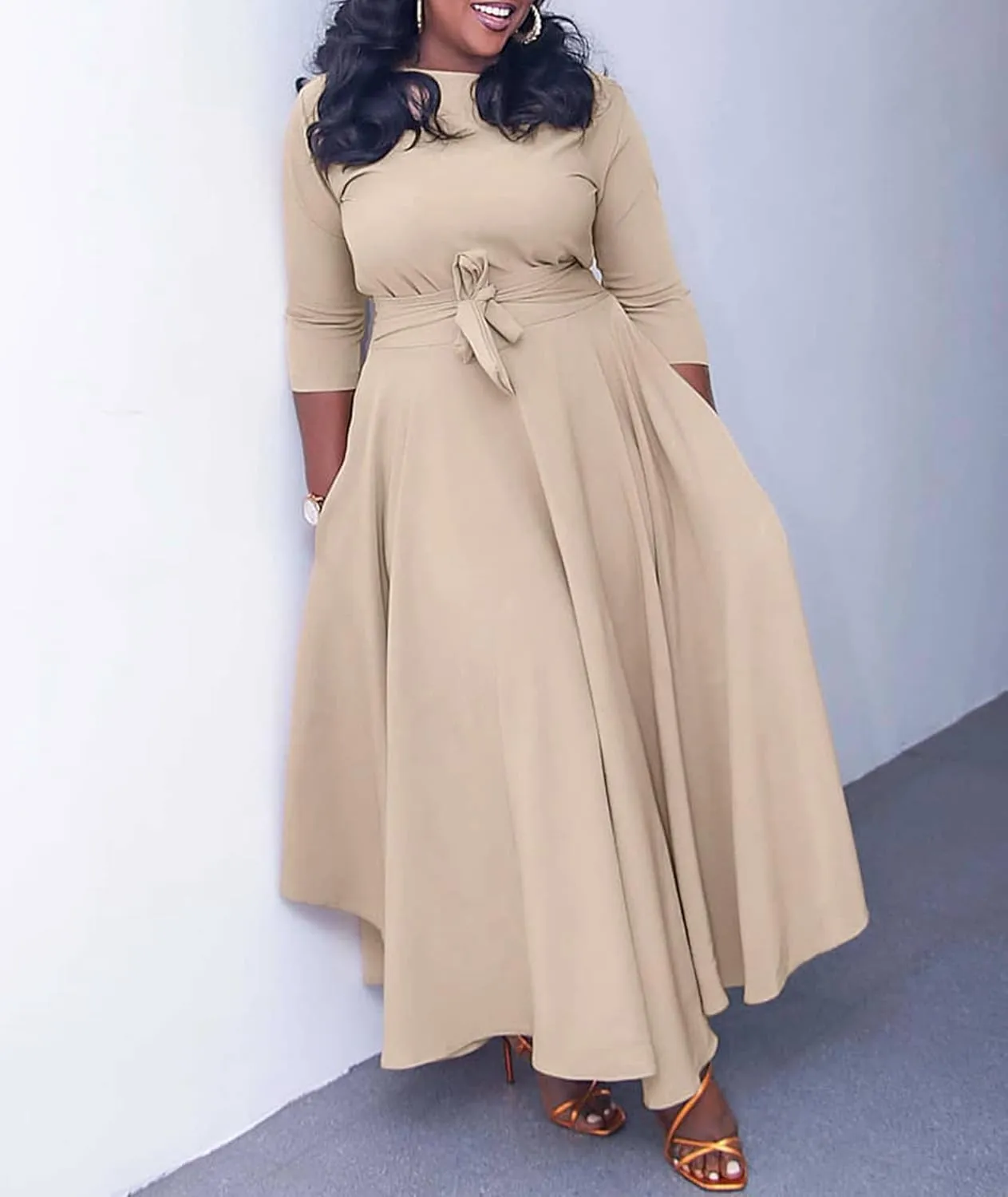 SEMATOMALA Women's A Line Self Tie Waist Maxi Dress Round Neck 3/4 Sleeve High Waist Plus Size Swing Flare Long Dresses
