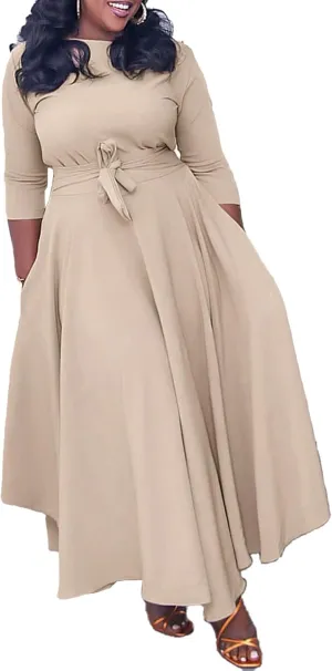 SEMATOMALA Women's A Line Self Tie Waist Maxi Dress Round Neck 3/4 Sleeve High Waist Plus Size Swing Flare Long Dresses