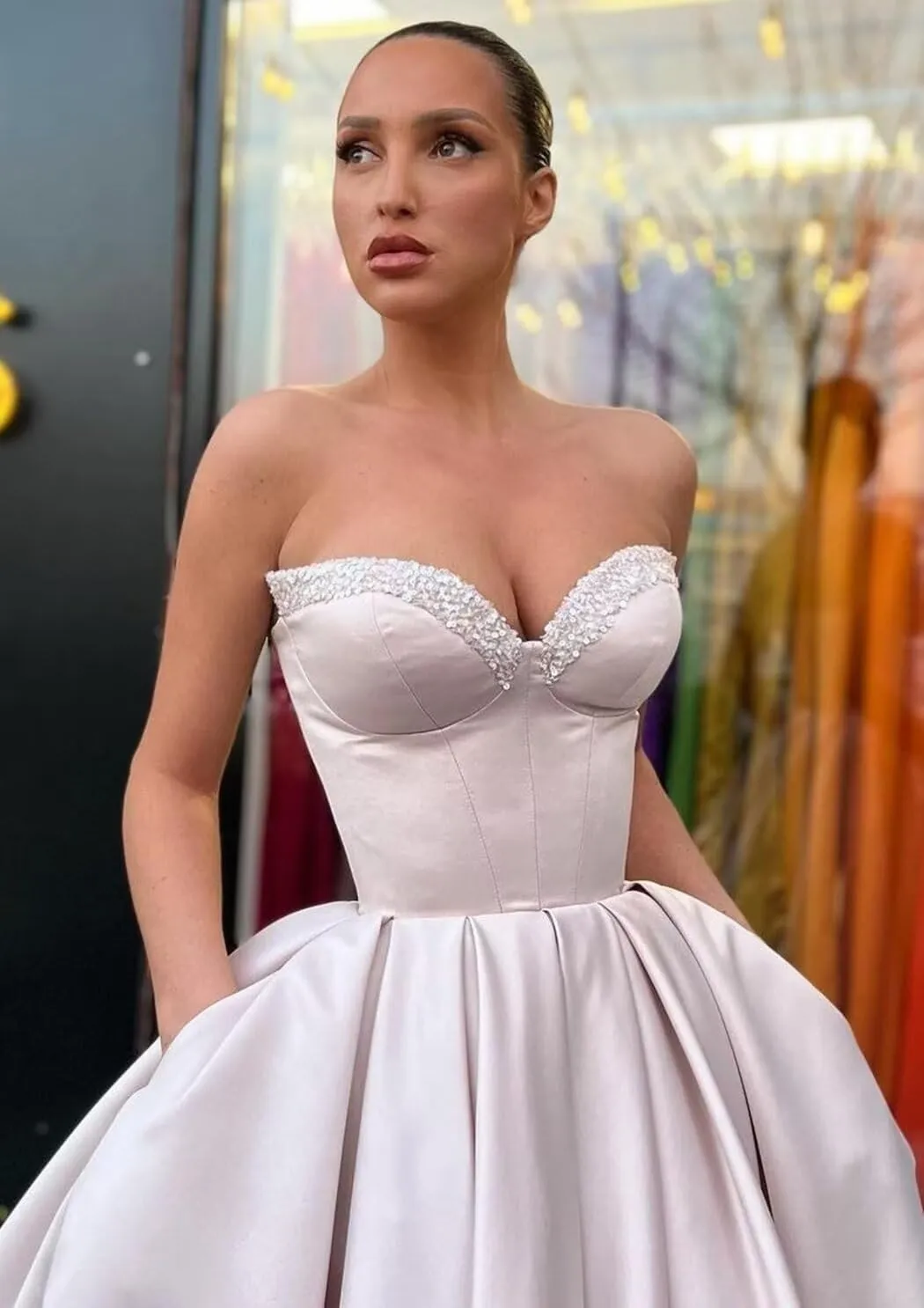 Sequins Sweetheart Short Prom Dresses Ruched A-line Satin Tea Length Cocktail Gown Strapless Midi Corset Formal Party Dress