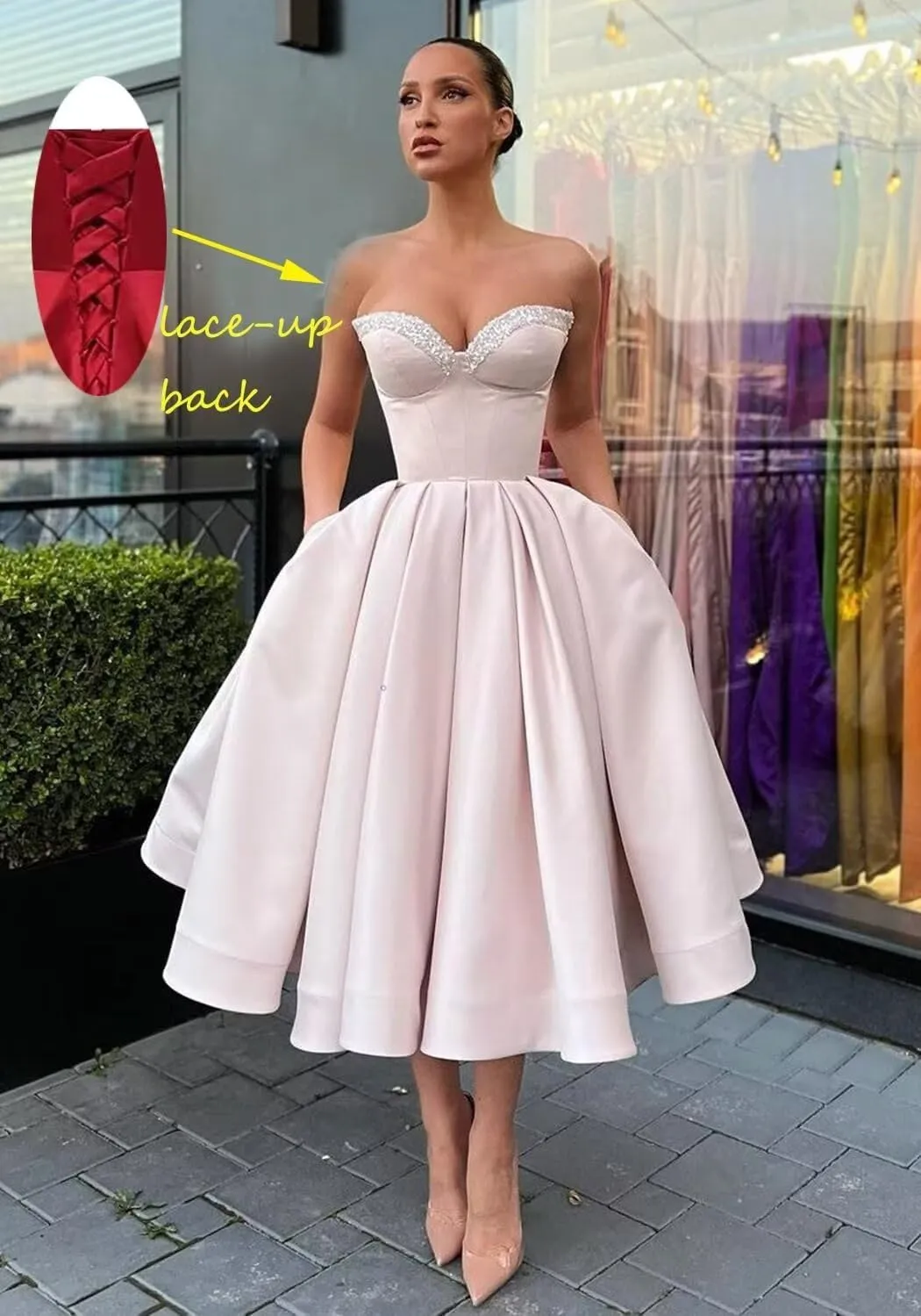Sequins Sweetheart Short Prom Dresses Ruched A-line Satin Tea Length Cocktail Gown Strapless Midi Corset Formal Party Dress