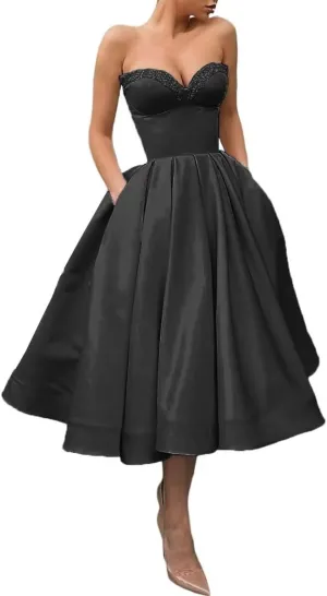 Sequins Sweetheart Short Prom Dresses Ruched A-line Satin Tea Length Cocktail Gown Strapless Midi Corset Formal Party Dress