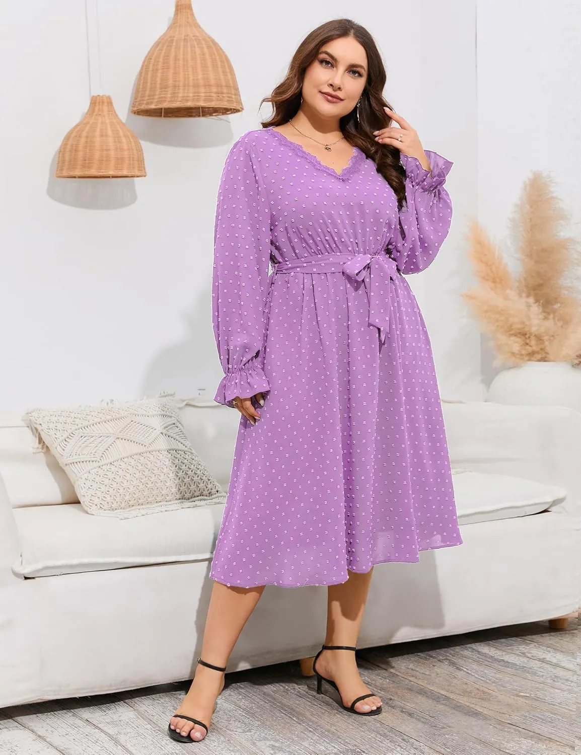 ShopWonder Plus Size Womens V Neck Long Sleeve Swiss Dot Boho Dress Empire Waist Ruffle Flowy A Line Midi Dress