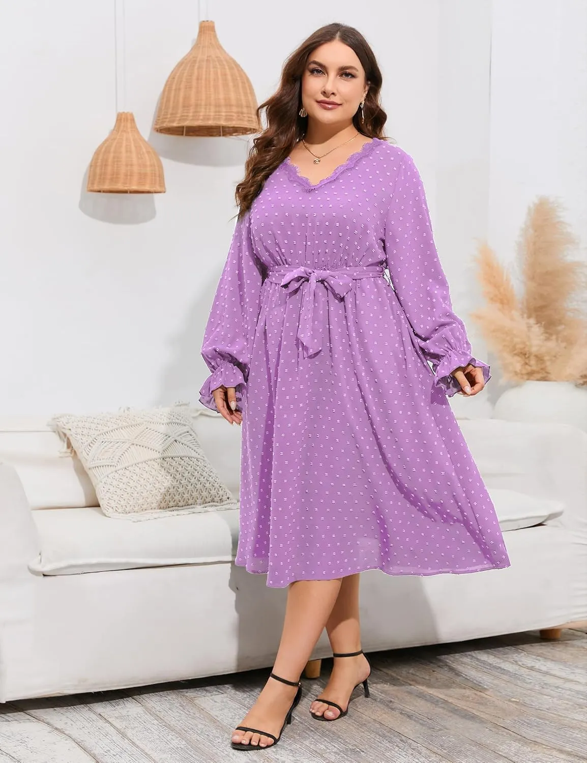 ShopWonder Plus Size Womens V Neck Long Sleeve Swiss Dot Boho Dress Empire Waist Ruffle Flowy A Line Midi Dress