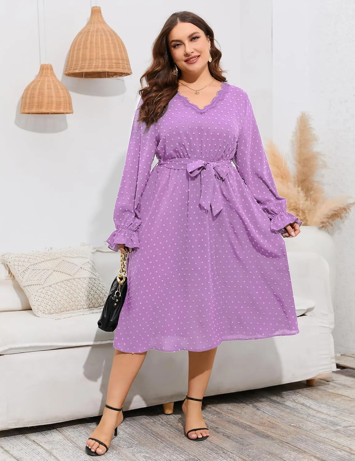 ShopWonder Plus Size Womens V Neck Long Sleeve Swiss Dot Boho Dress Empire Waist Ruffle Flowy A Line Midi Dress