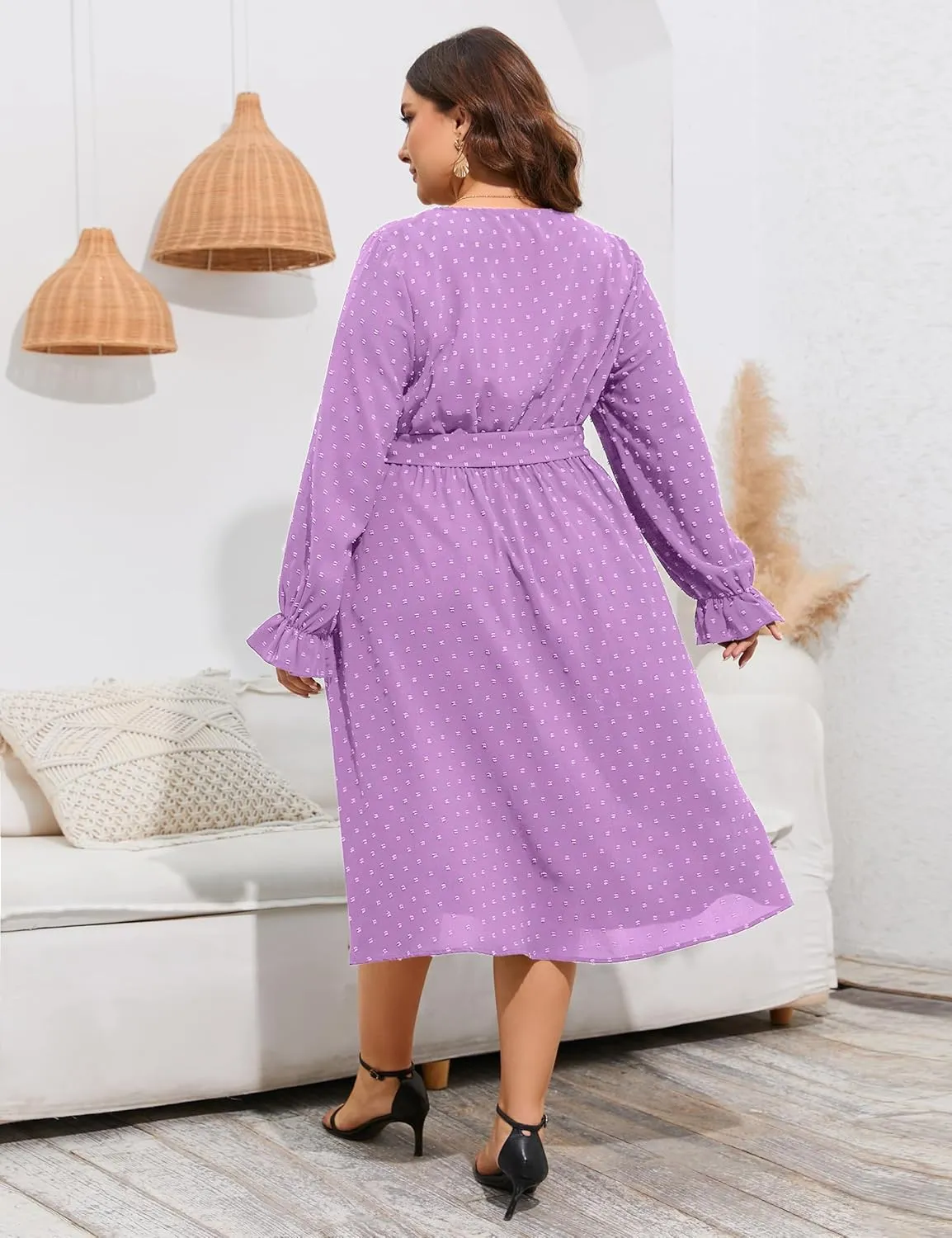 ShopWonder Plus Size Womens V Neck Long Sleeve Swiss Dot Boho Dress Empire Waist Ruffle Flowy A Line Midi Dress
