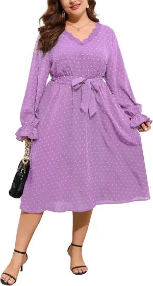 ShopWonder Plus Size Womens V Neck Long Sleeve Swiss Dot Boho Dress Empire Waist Ruffle Flowy A Line Midi Dress