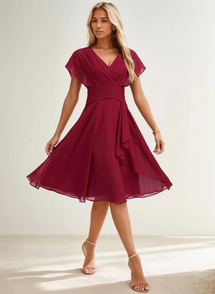 Short Bridesmaid Dresses for Wedding Chiffon Formal Dress with Sleeves V Neck Evening Gown