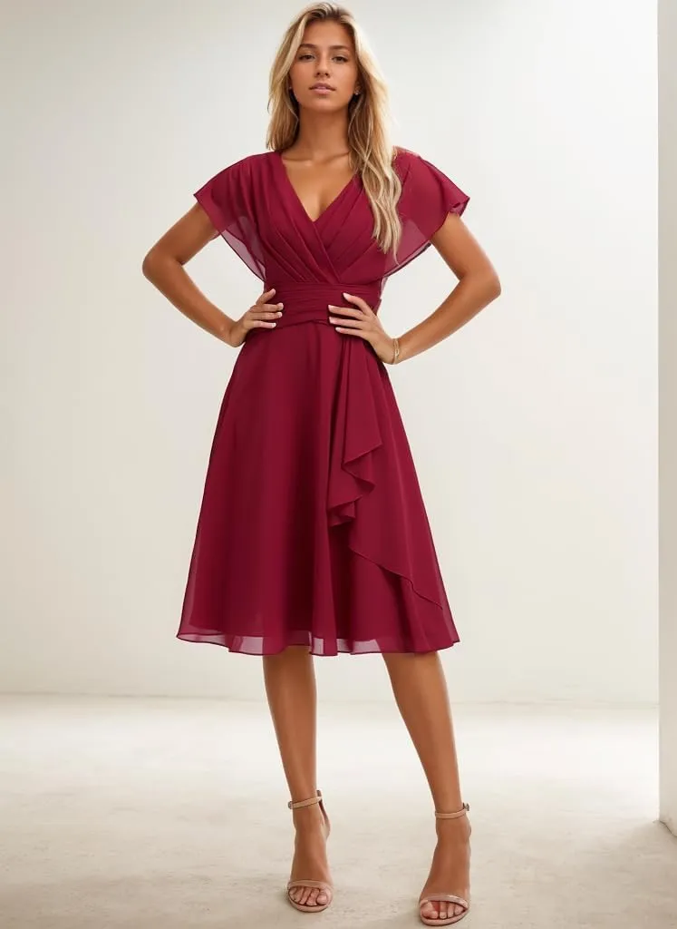 Short Bridesmaid Dresses for Wedding Chiffon Formal Dress with Sleeves V Neck Evening Gown
