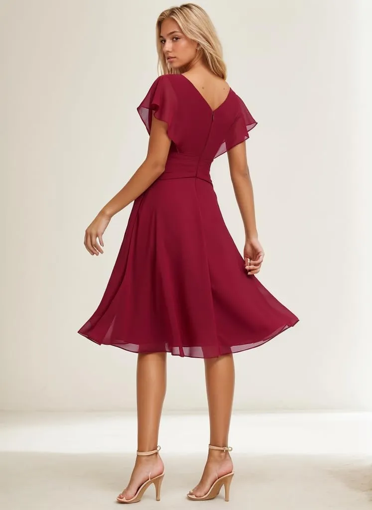 Short Bridesmaid Dresses for Wedding Chiffon Formal Dress with Sleeves V Neck Evening Gown