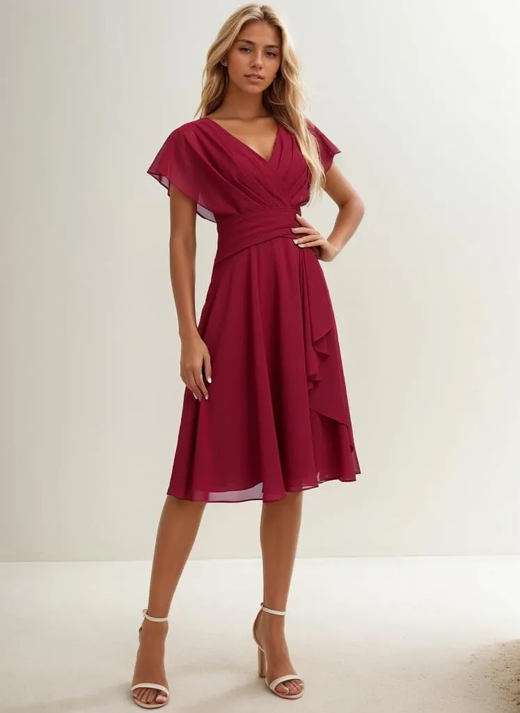 Short Bridesmaid Dresses for Wedding Chiffon Formal Dress with Sleeves V Neck Evening Gown