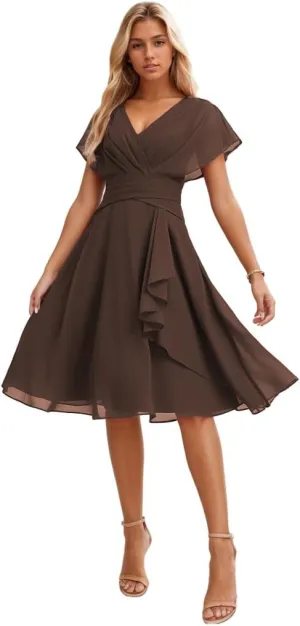 Short Bridesmaid Dresses for Wedding Chiffon Formal Dress with Sleeves V Neck Evening Gown