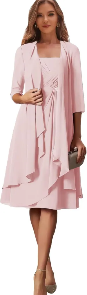 Short Mother of The Bride Dresses for Women 2 Pieces Formal Dress with Jacket Chiffon Evening Gown