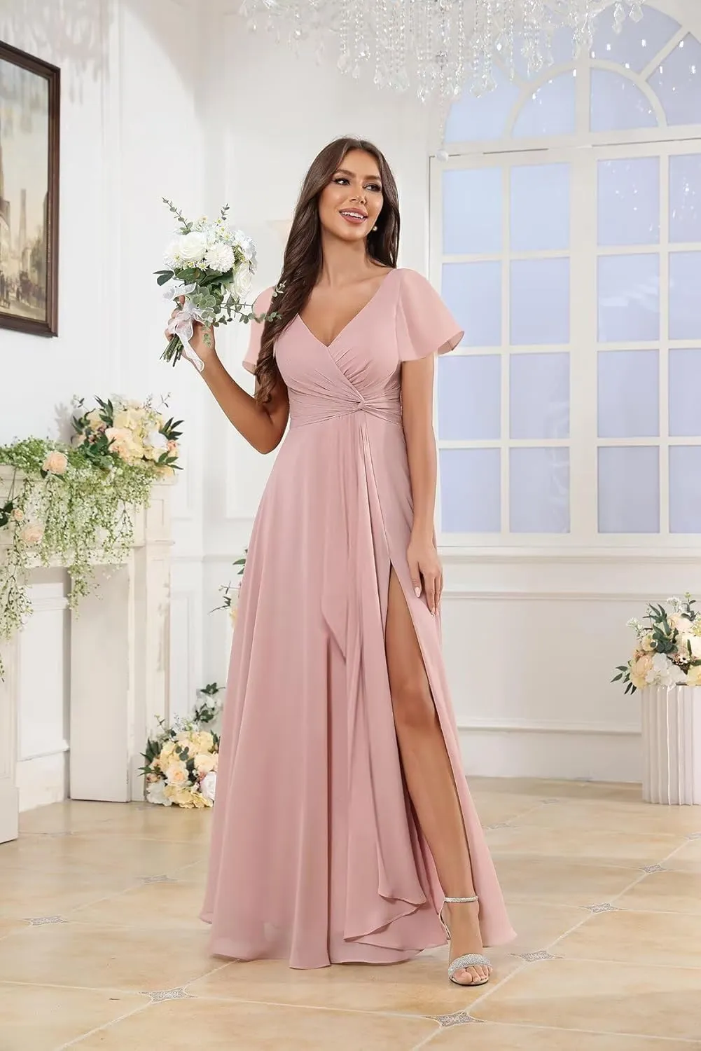 Short Sleeves V Neck Chiffon Bridesmaid Dresses for Women Pleated A Line Long Formal Evening Dress with Slit