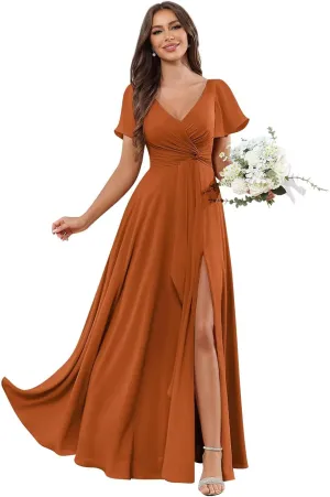 Short Sleeves V Neck Chiffon Bridesmaid Dresses for Women Pleated A Line Long Formal Evening Dress with Slit