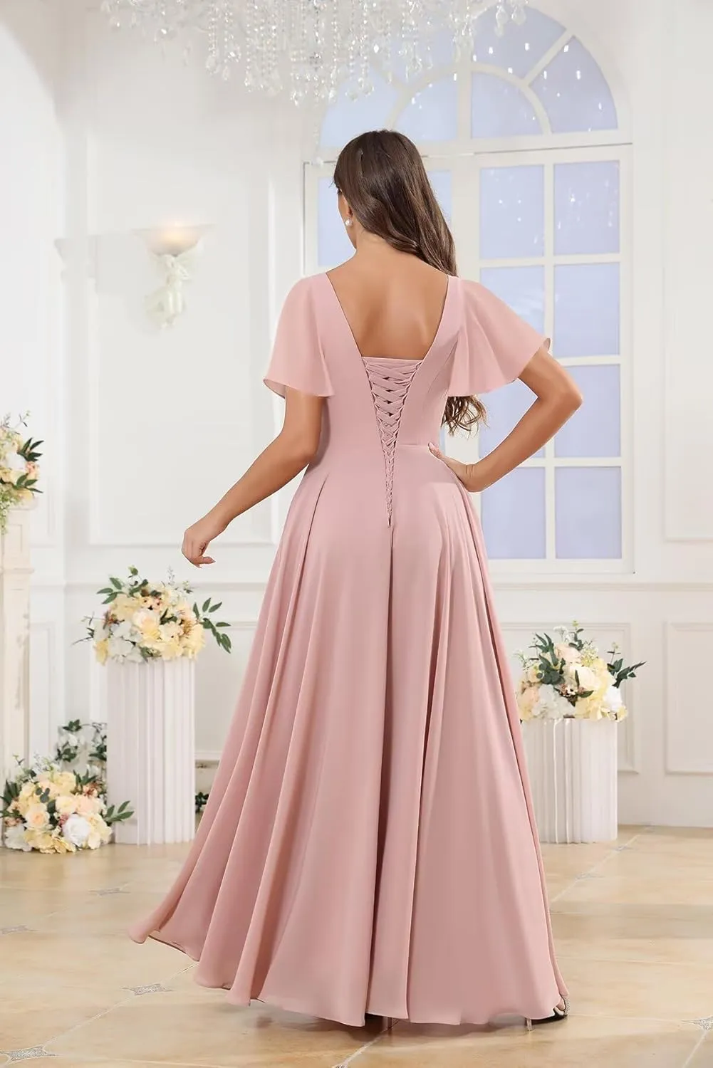 Short Sleeves V Neck Chiffon Bridesmaid Dresses for Women Pleated A Line Long Formal Evening Dress with Slit