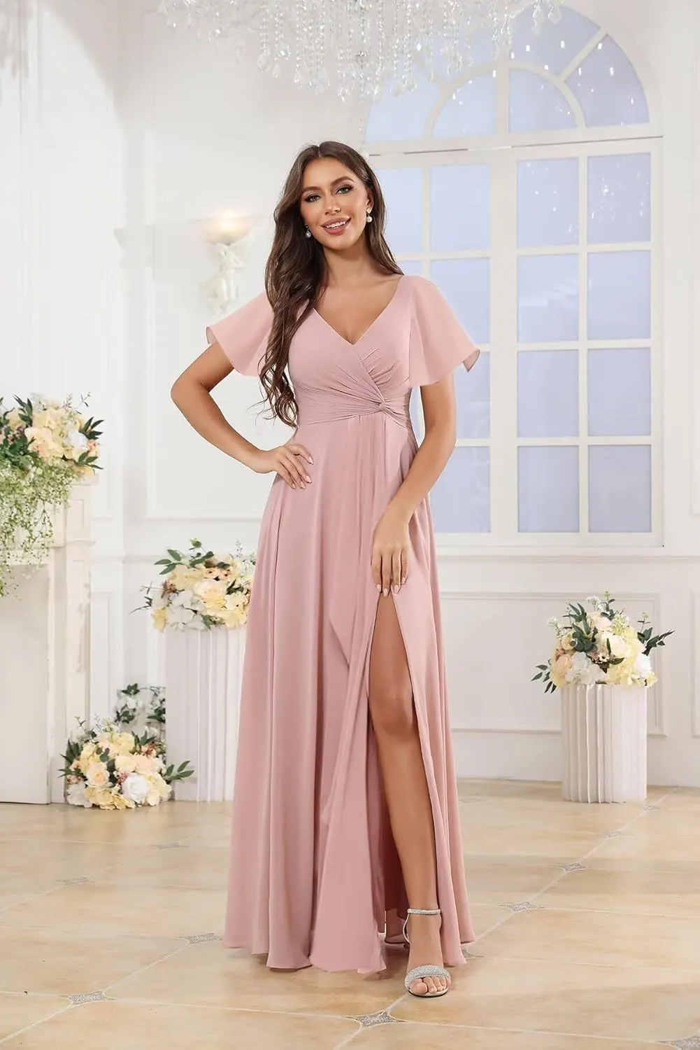 Short Sleeves V Neck Chiffon Bridesmaid Dresses for Women Pleated A Line Long Formal Evening Dress with Slit