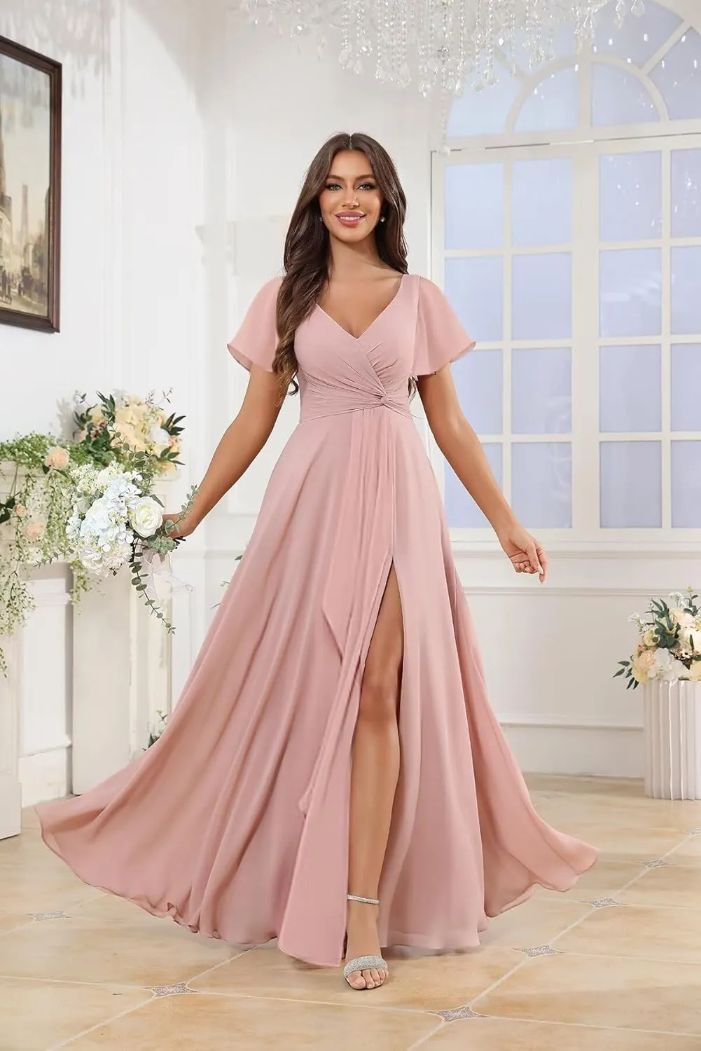 Short Sleeves V Neck Chiffon Bridesmaid Dresses for Women Pleated A Line Long Formal Evening Dress with Slit