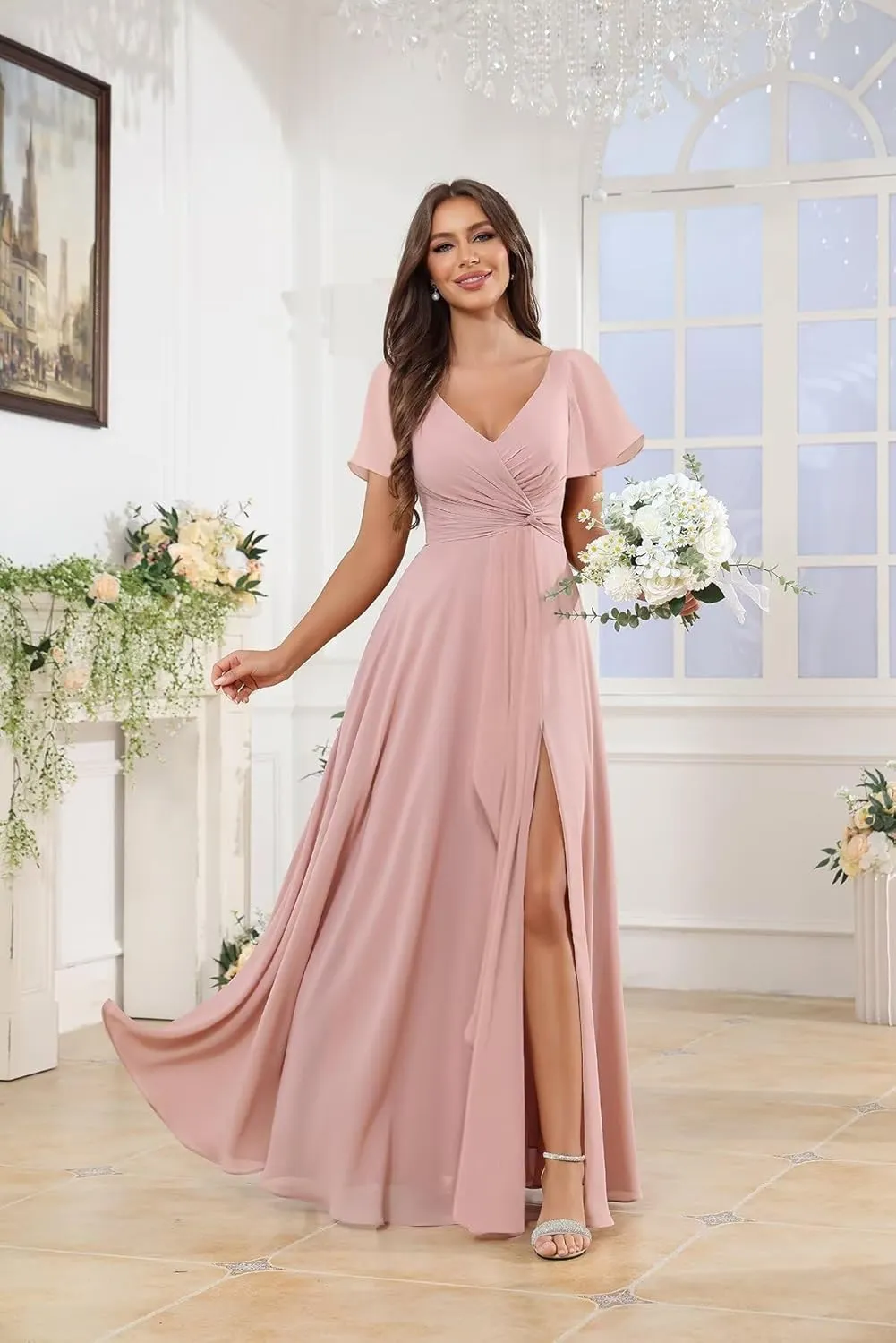 Short Sleeves V Neck Chiffon Bridesmaid Dresses for Women Pleated A Line Long Formal Evening Dress with Slit