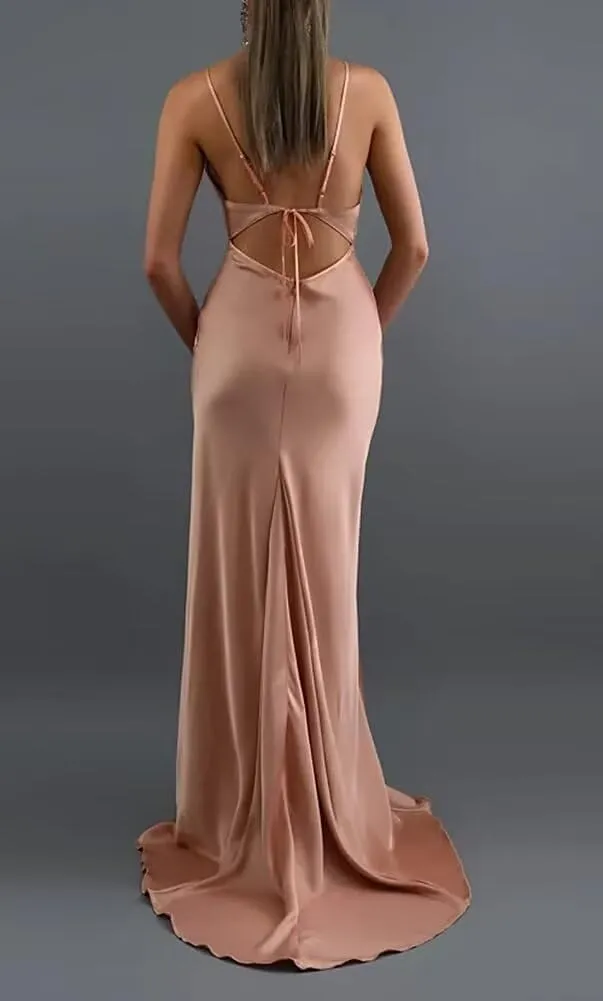 Silk Satin Bridesmaid Dress for Women Spaghetti Straps Cow Neck Mermaid Prom Dresses Long Backless Formal Gown