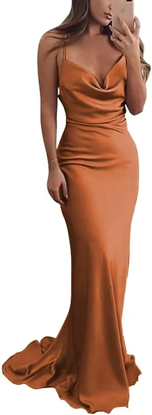 Silk Satin Bridesmaid Dress for Women Spaghetti Straps Cow Neck Mermaid Prom Dresses Long Backless Formal Gown